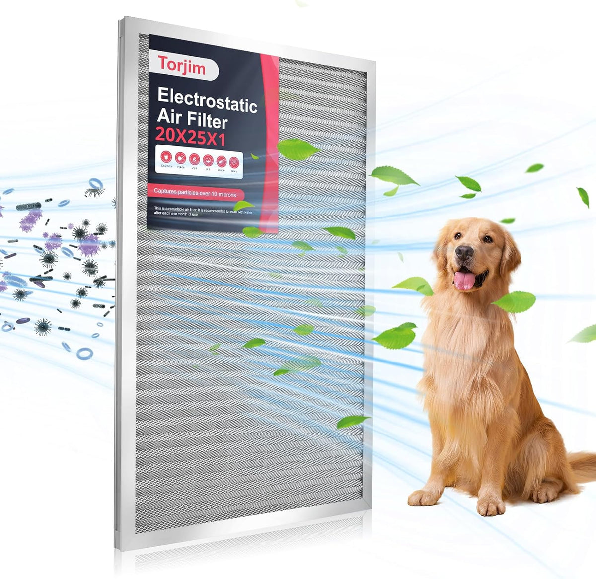 Torjim 20x25x1 MERV8 Washable & Reusable Electrostatic Air Filter - AC/HVAC Furnace Filter