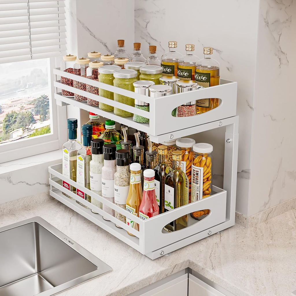 Under Sink Organizer, 2 Tier Under Sink Organizers and Storage, Adjustable Height, Slide Out Metal