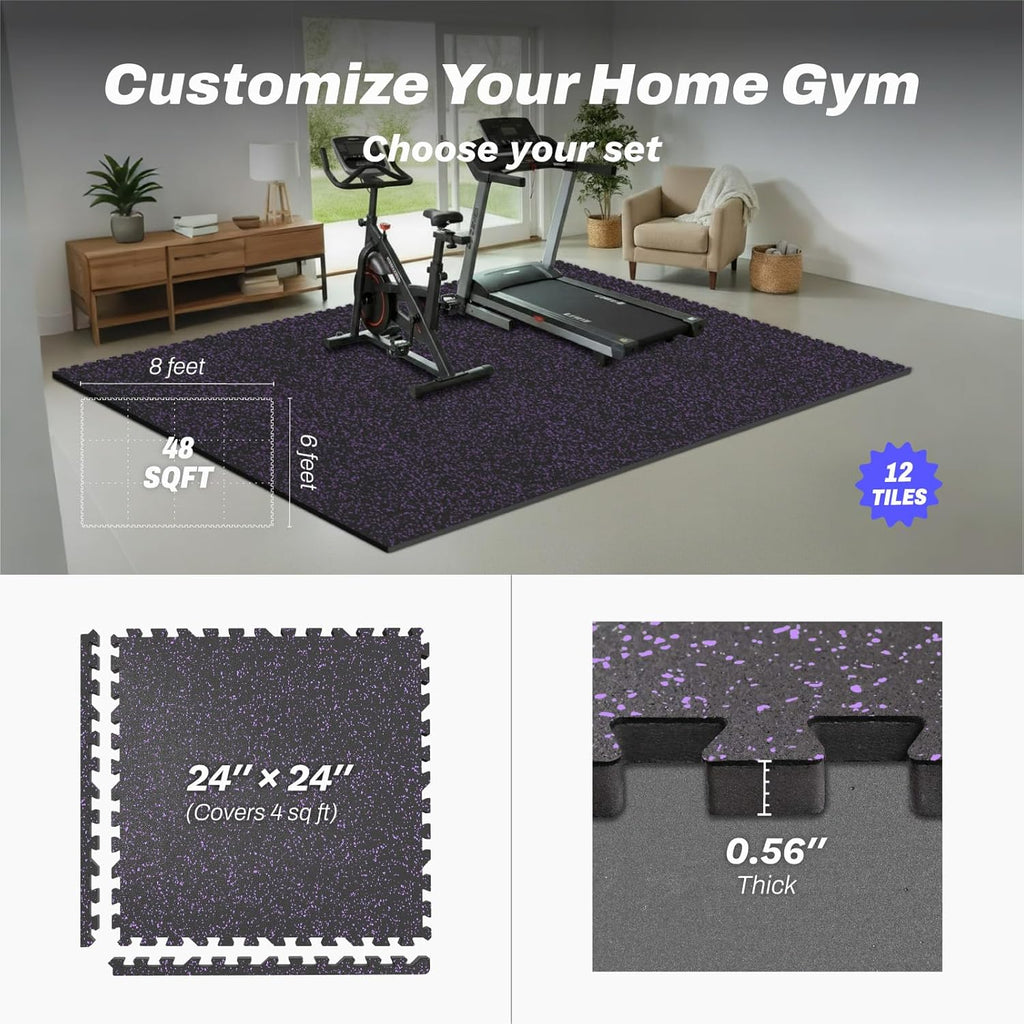 AIRHOP 0.56in Thick 48 Sq Ft Exercise Equipment Mats, 12 Tiles Upgraded Rubber Top with High