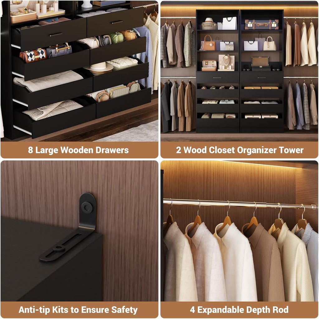 Aheaplus Closet System, 6-15Ft Closet Organizer with 8 Wooden Drawers, Wood Closet Organizer System