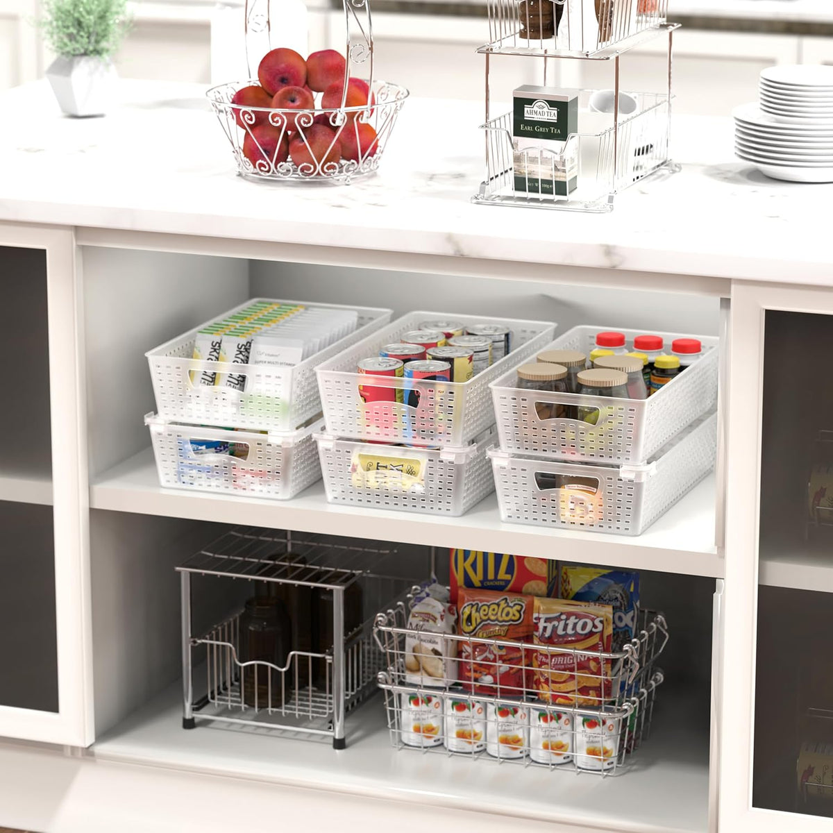 Simple Houseware Stackable Plastic Woven Basket Organizer, 6 Pack, 14.5" x 8.5" x 3.5", Clear