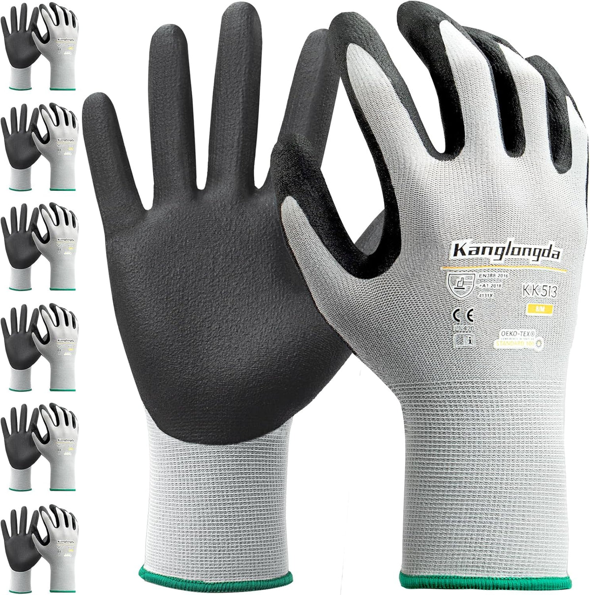 6-Paris Large Work Gloves for Men and Women, Nitrile Coated Safety Protective Gloves with Grip
