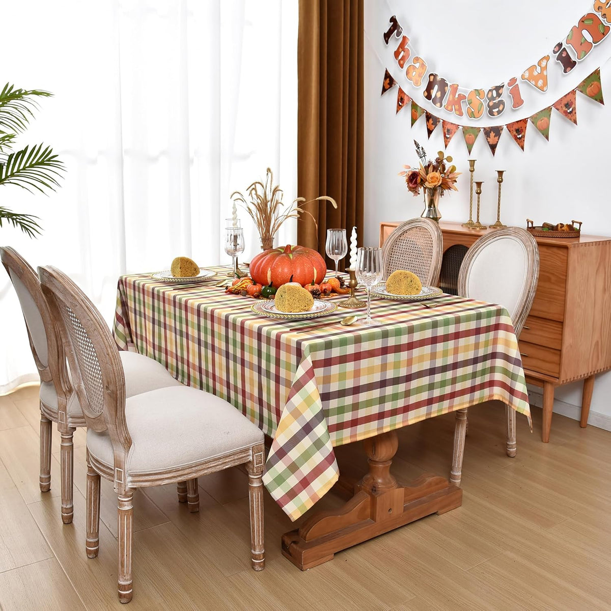 Waterproof Gingham Festive Tablecloth Fabric - Oblong 52x70 Inch Classic Buffalo Tartan Holiday