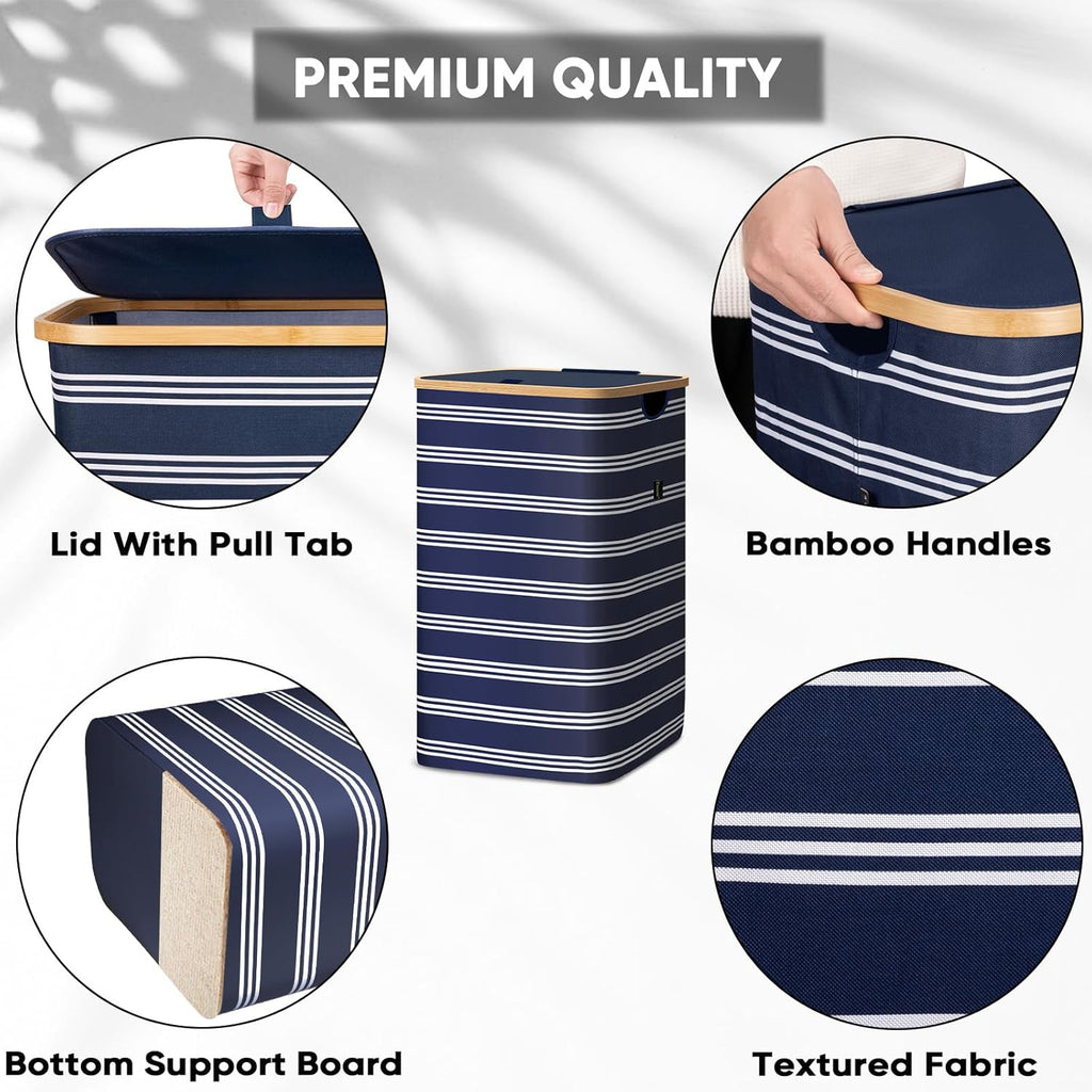BALEINE Laundry Hamper with Lid, Tall Laundry Baskets with Bamboo Pull Handles, Large Laundry Bin