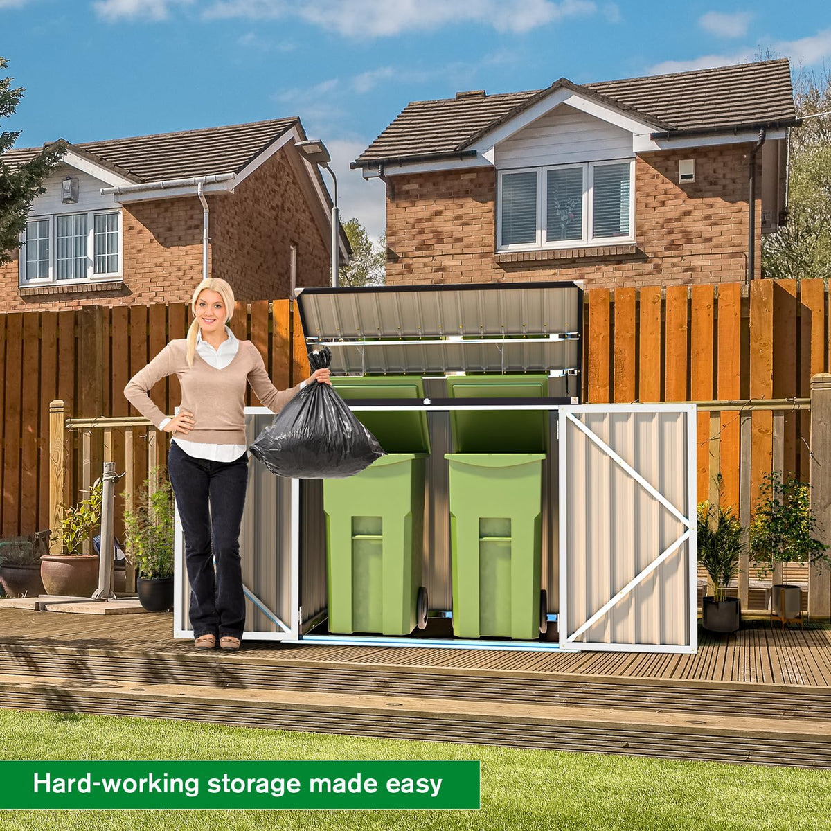 AECOJOY Outdoor Trash Can Storage Shed, 46 Cu.Ft White Trash Can Storage Shed Outdoor Horizontal