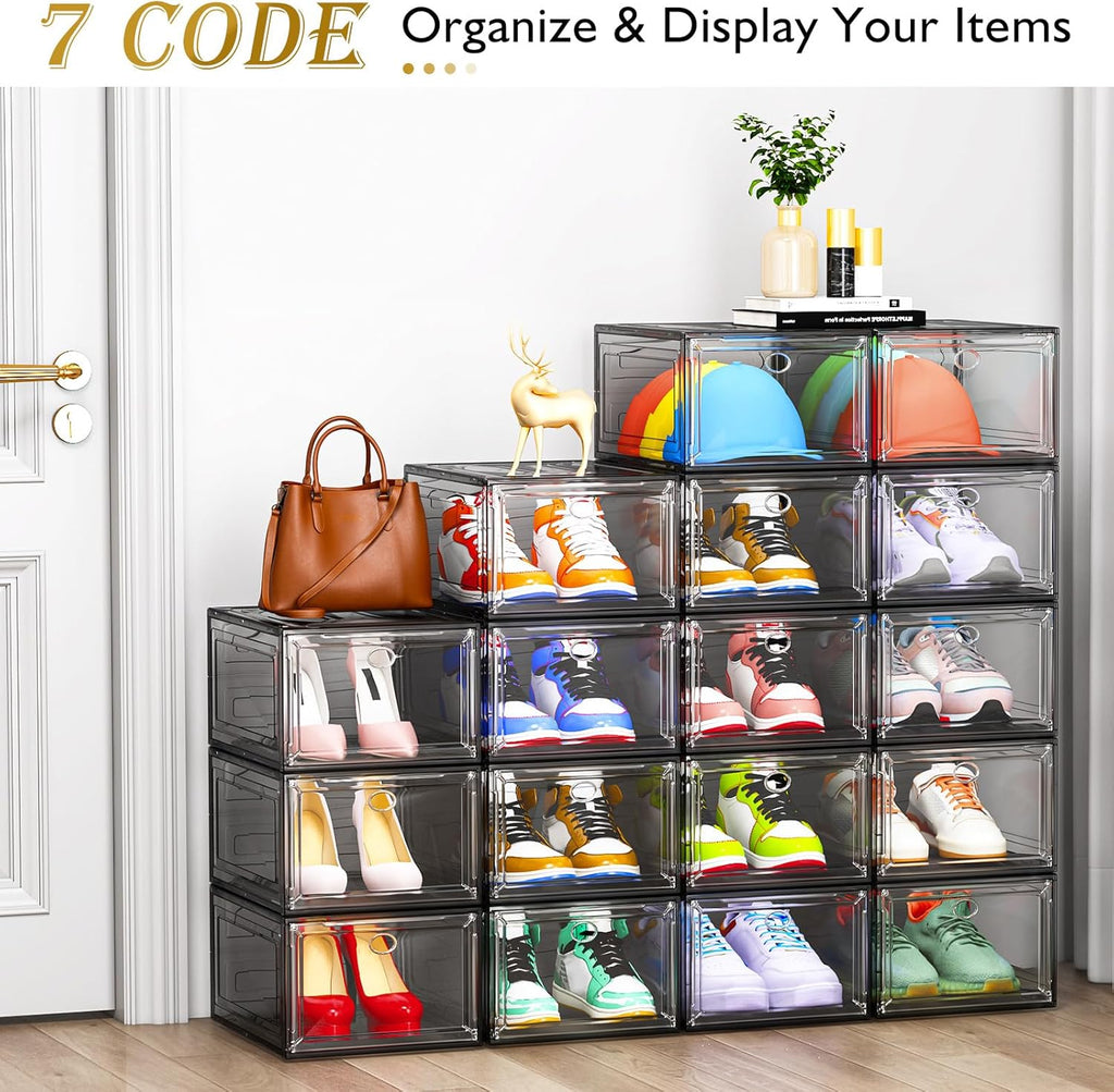 7 code Large Clear Shoe Boxes Organizer【Thicker Material】 Stronger Shoe Box with Magnetic Door