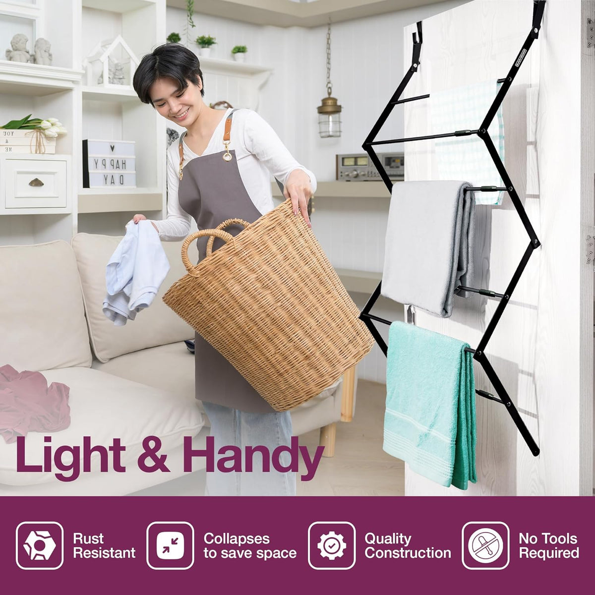 BLACK+DECKER Over The Door Expandable Telescopic Drying Rack, Clothes Organizer, Towel Hanger