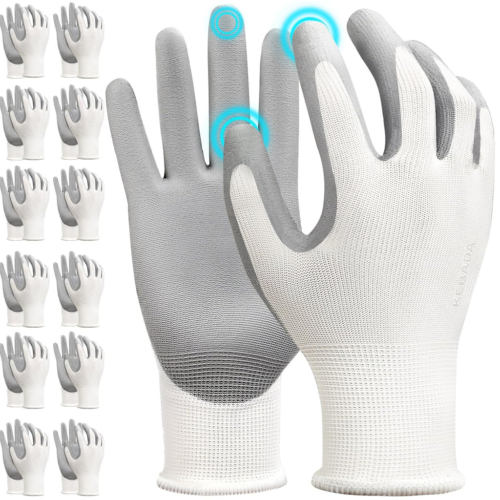 Kebada W1 Work Gloves for Men and Women, 12 Pairs Touchscreen Safety Gloves with Grip, PU-Coated