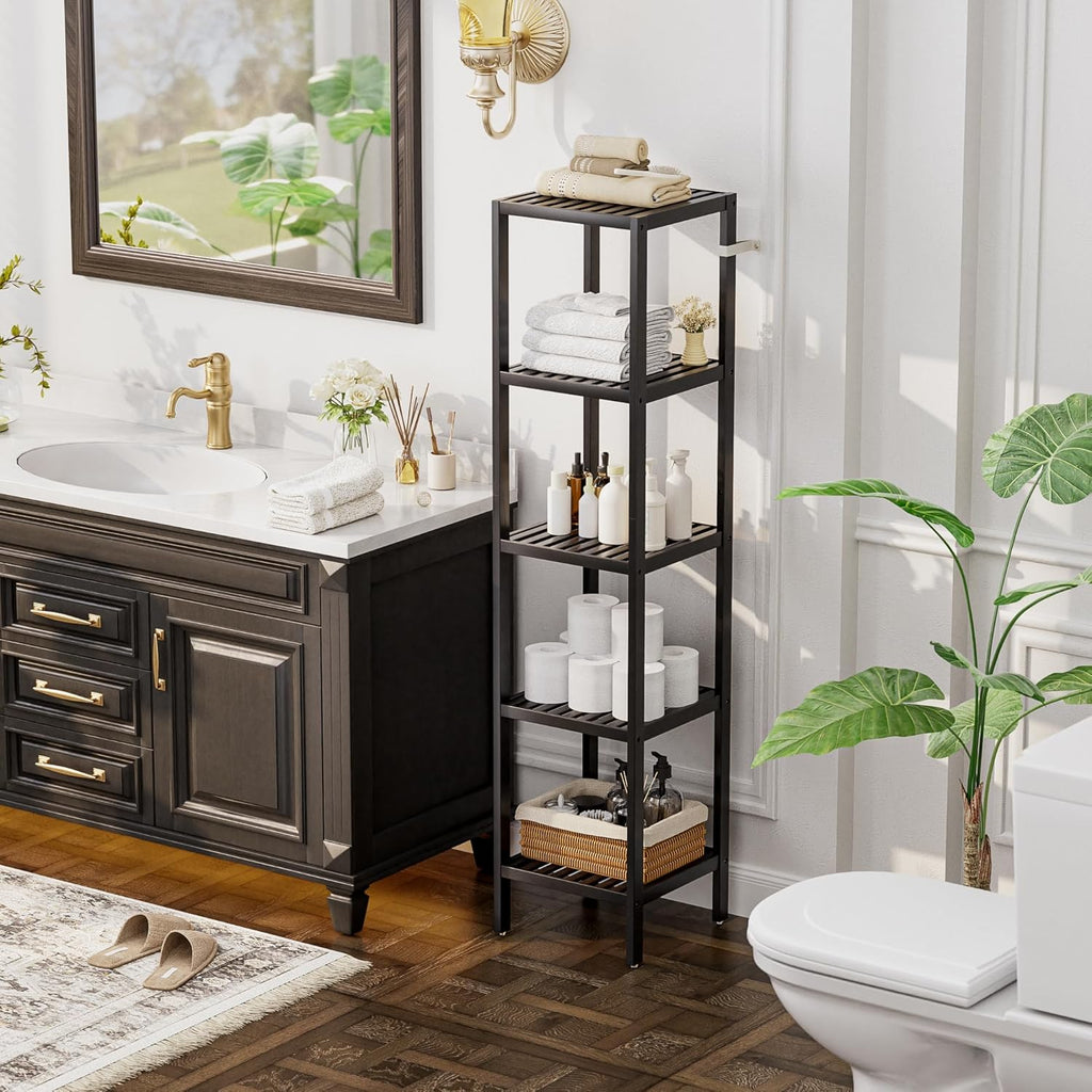 SMIBUY Bathroom Storage Shelf, 5-Tier Bamboo Rack Organizer, Multifunctional Shelving Unit for
