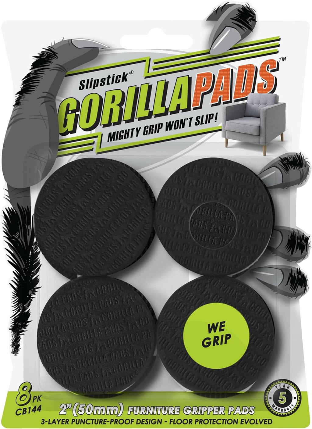 Slipstick GorillaPads CB144 Non Slip Furniture Pads/Grippers (Set of 8) Furniture Feet Floor