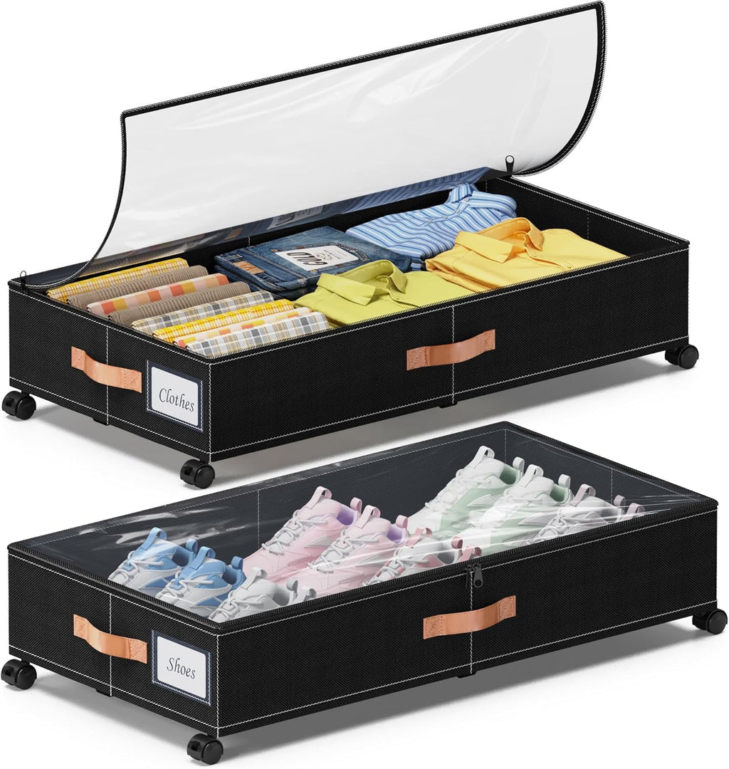 Under Bed Storage with Wheels, 2-Pack Under Bed Storage Containers with Clear Lids, XXL 65L Under