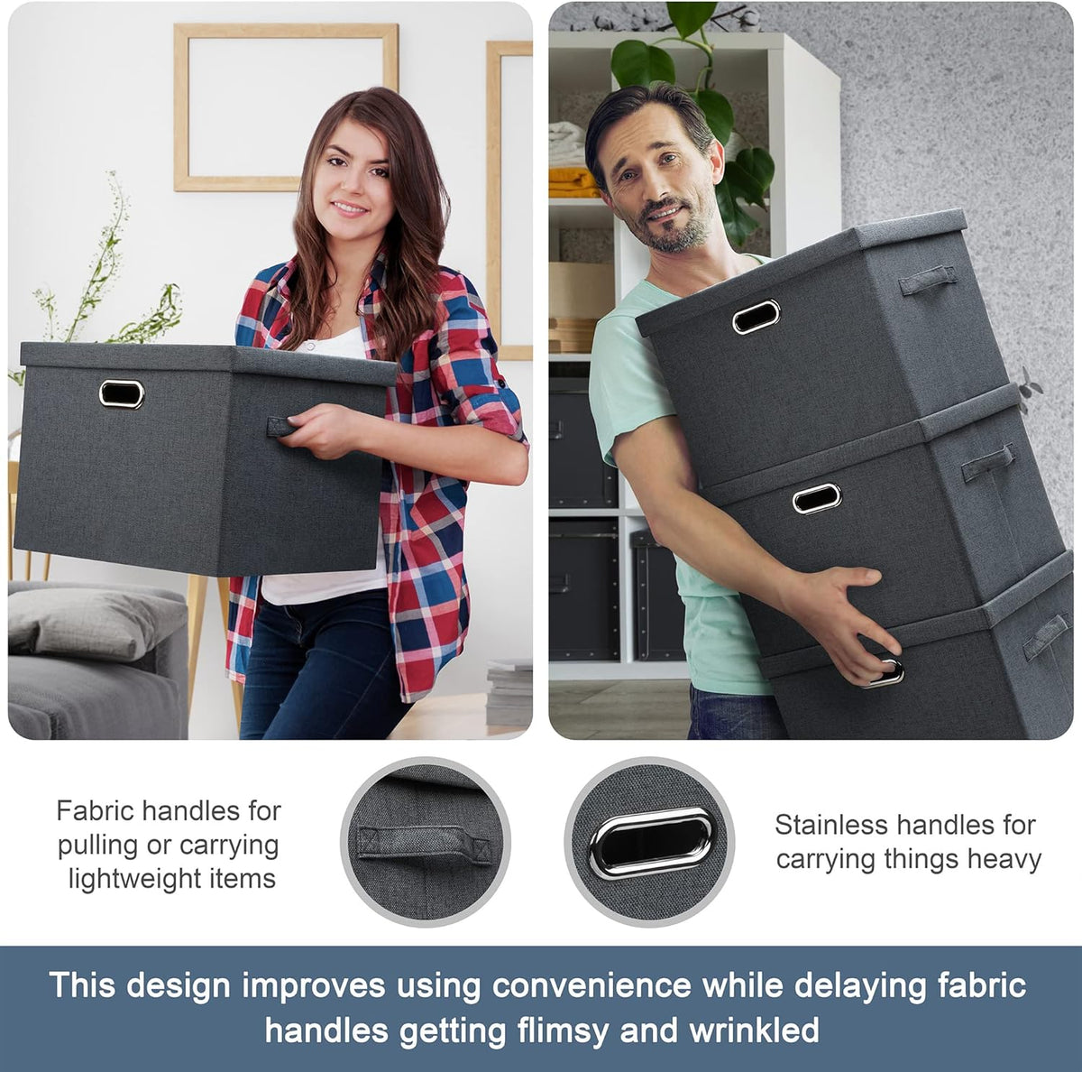 Large 17" 36 Quart Collapsible Stackable Storage Bins with Lids, 3 Packs Dark Gray Foldable Fabric