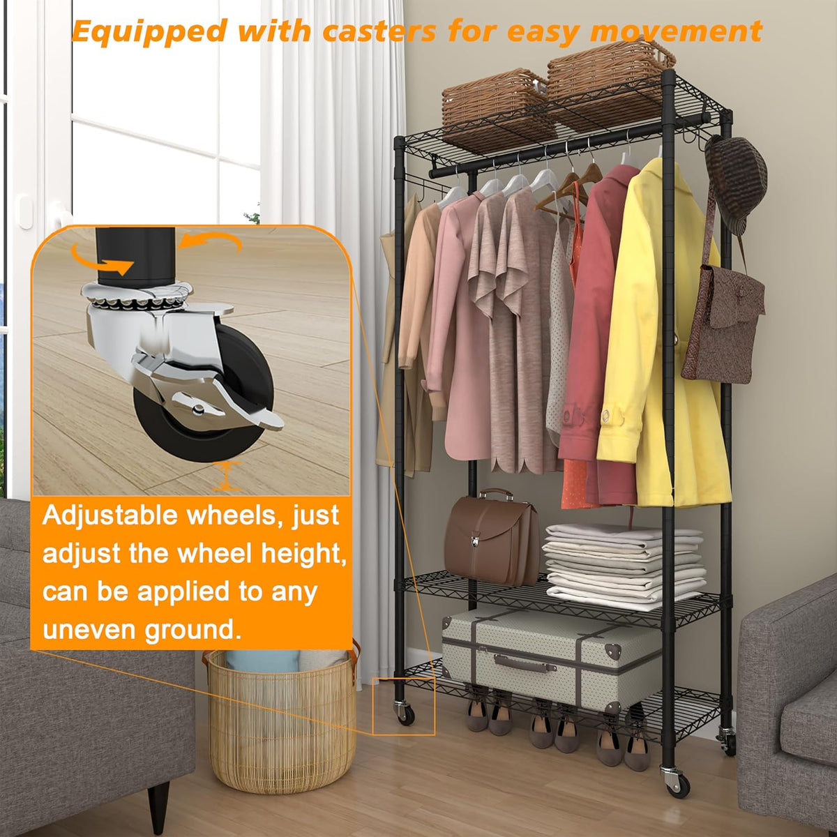Rolling Portable Garment Rack,Freestanding Clothes Racks, Portable Closet Wardrobe with 3