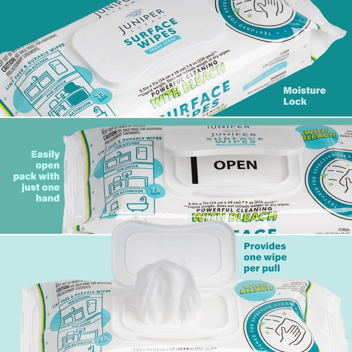 6 Pack Surface Cleaning Wipes with Bleach, All-Purpose Cleaner for Bathroom, Kitchen, Office, 72