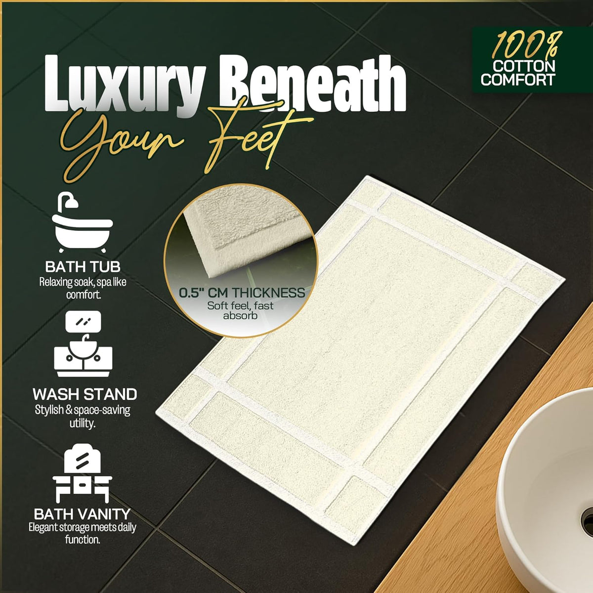 Pearl Linens Pack of 2 100% Cotton Bath Mat 18x25 inches, Soft & Absorbent Quick Dry Bathroom Mats