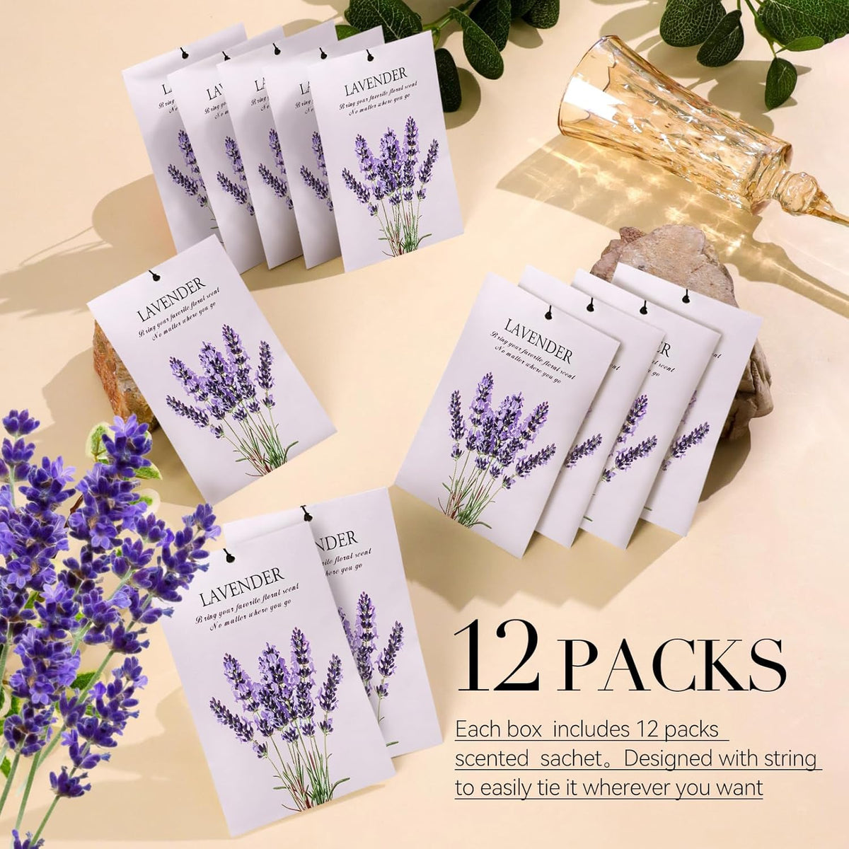 Lavender Scented Sachet Bags - 12 Pack Closet Freshener Odor Eliminator, Long Lasting Home