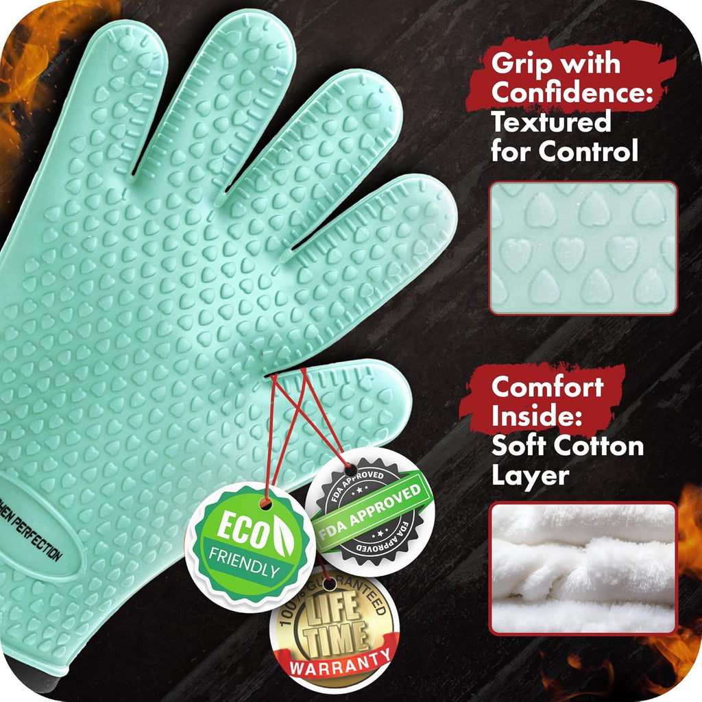 KITCHEN PERFECTION XL Silicone Smoker Oven Gloves-Extreme Heat Resistant BBQ Gloves-Handle Hot Food