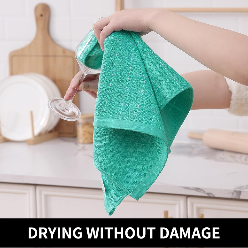 Homaxy 100% Cotton Terry Kitchen Towels(Turquoise, 13 x 28 inches), Checkered Designed, Soft and