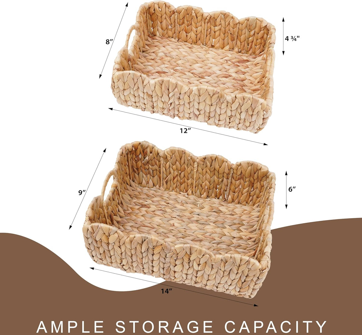 Set of 2 Scalloped Edge Wicker Storage Basket with Built-in Handles, Rectangle Water Hyacinth