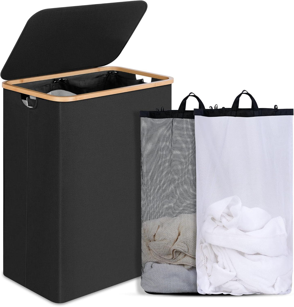 efluky Double Laundry Hamper with Lid, Divided Laundry Hamper with Removable Bags, 2 Section Dirty