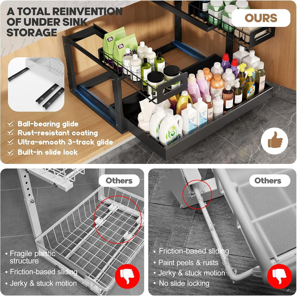 1 Pack Expandable Under Sink Organizers And Storage With Upgrade Ball-Bearing Slide Tracks,2-Tier