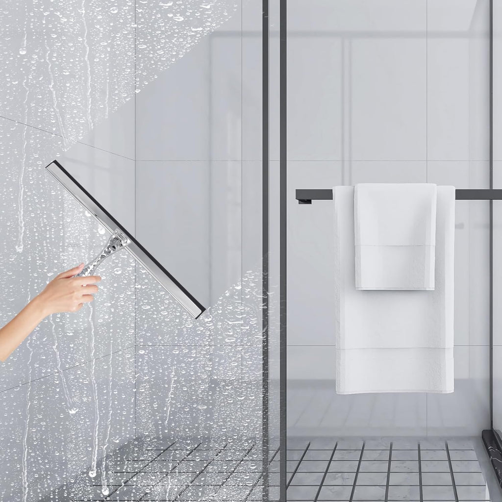 12" Silver Shower Squeegee with Hammered Handle & Waterproof Hook for Glass Doors, Silicone