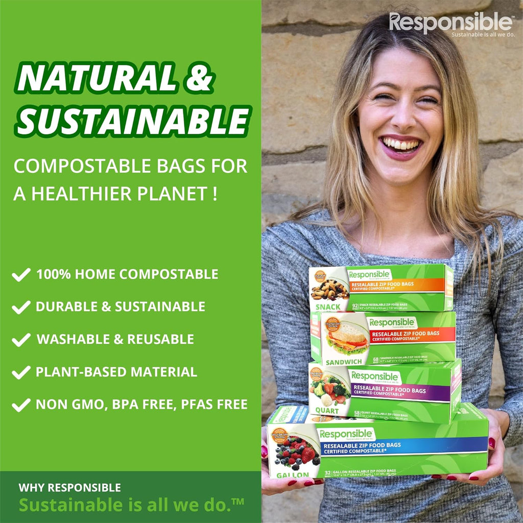 Responsible Products Certified Compostable Large GALLON Resealable Zip Bag, Extra Strength Food