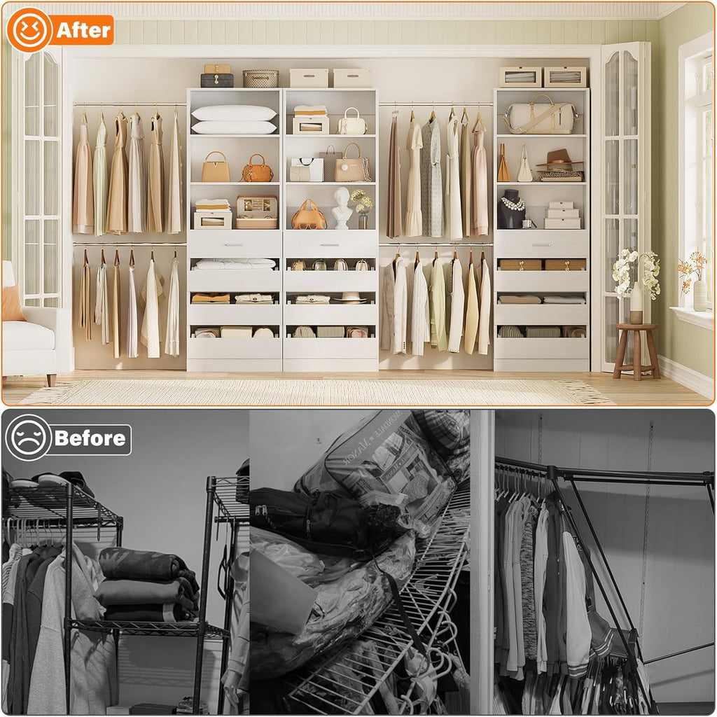 Aheaplus Closet System with 12 Drawers, 8.5-11.5Ft Wood Closet Organizer System with 4 Hanging Rods