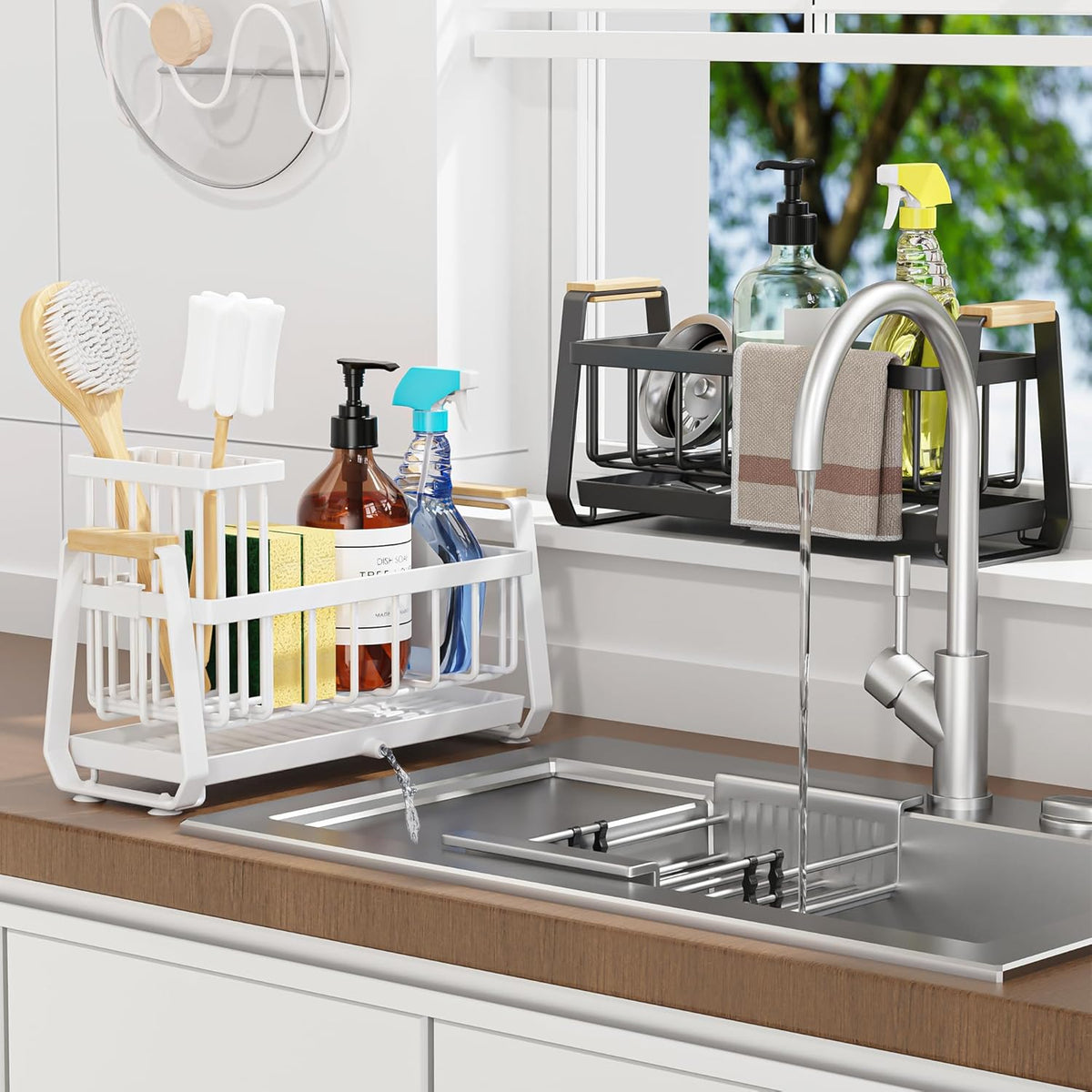 Doasuwish Kitchen Sink Caddy with High Brush Holder,Self-Draining kitchen Countertop