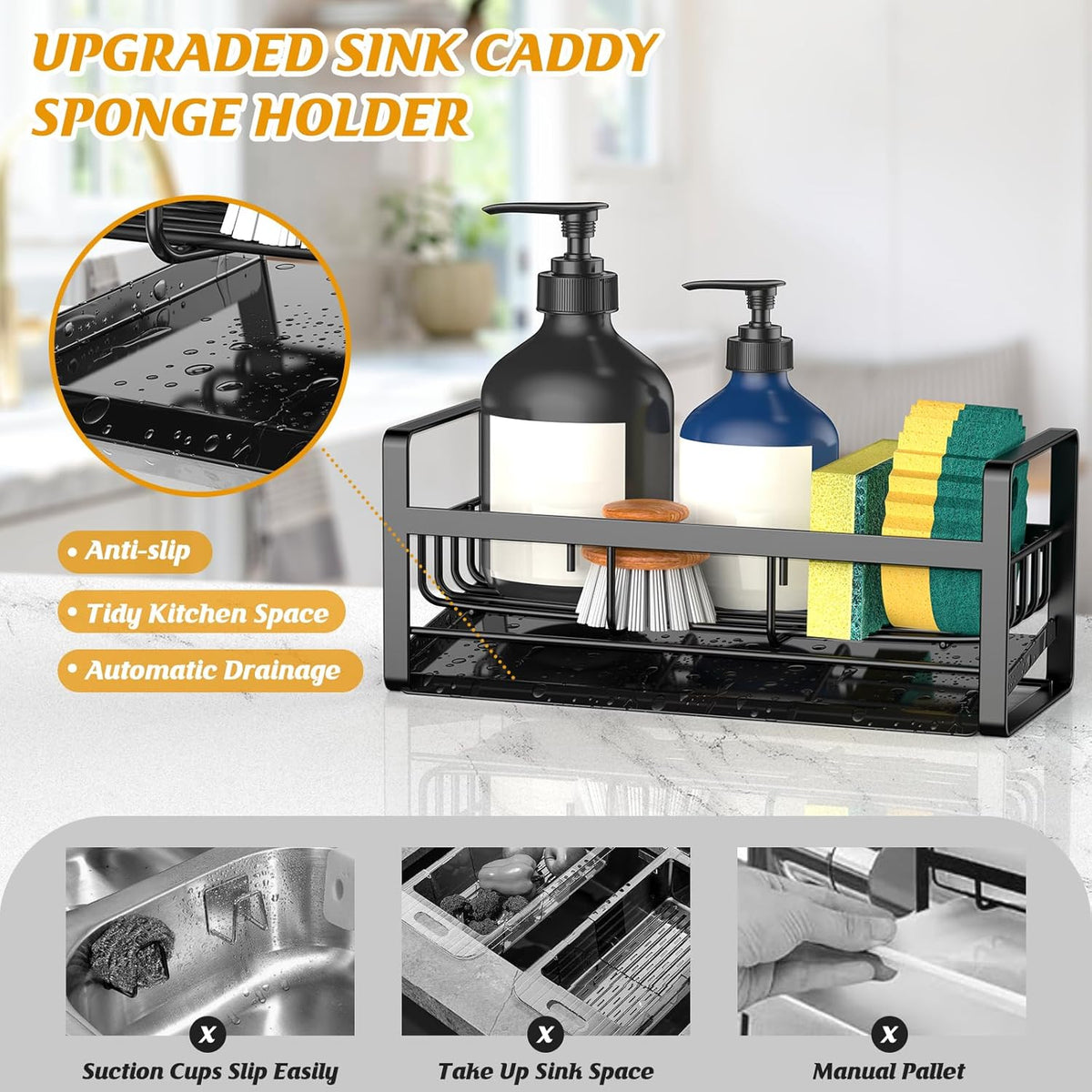 Sponge Holder for Kitchen Sink,Stainless Steel Kitchen Sink Organizer with Auto Draining