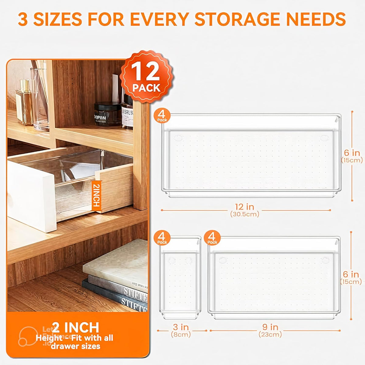 12-Pack Clear Plastic Drawer Organizer Trays – Multi-Use Acrylic Storage Bins for Kitchen