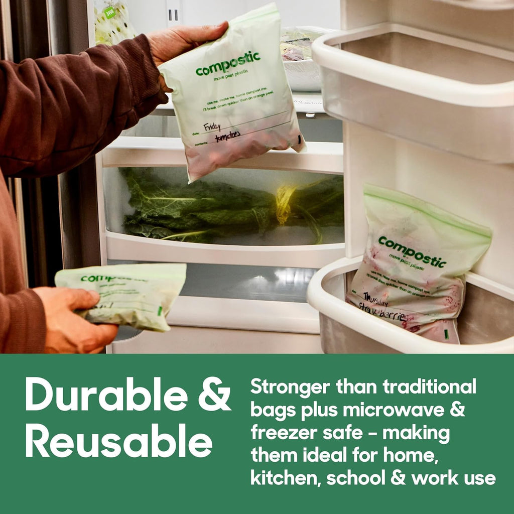 Compostic Home Compostable Resealable Snack Bags (6"x 3.5"), Microwave & Freezer Safe, Organic Food