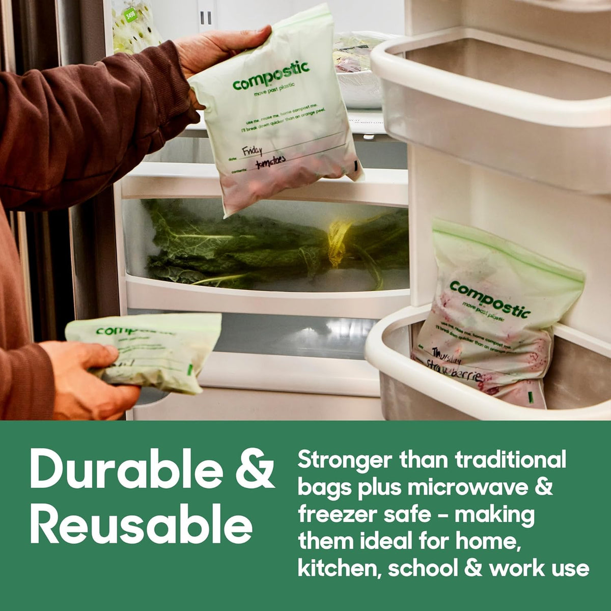 Compostic Home Compostable Resealable Snack Bags (6"x 3.5"), Microwave & Freezer Safe, Organic Food