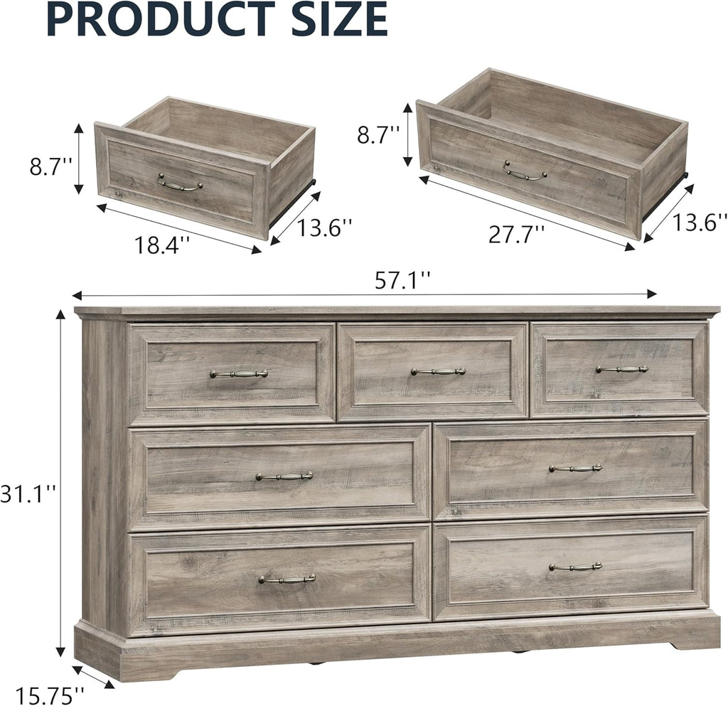 7 Drawer Dresser for Bedroom, 57" Wide Wooden Chest of Drawers, Rustic Farmhouse Dresser with Large