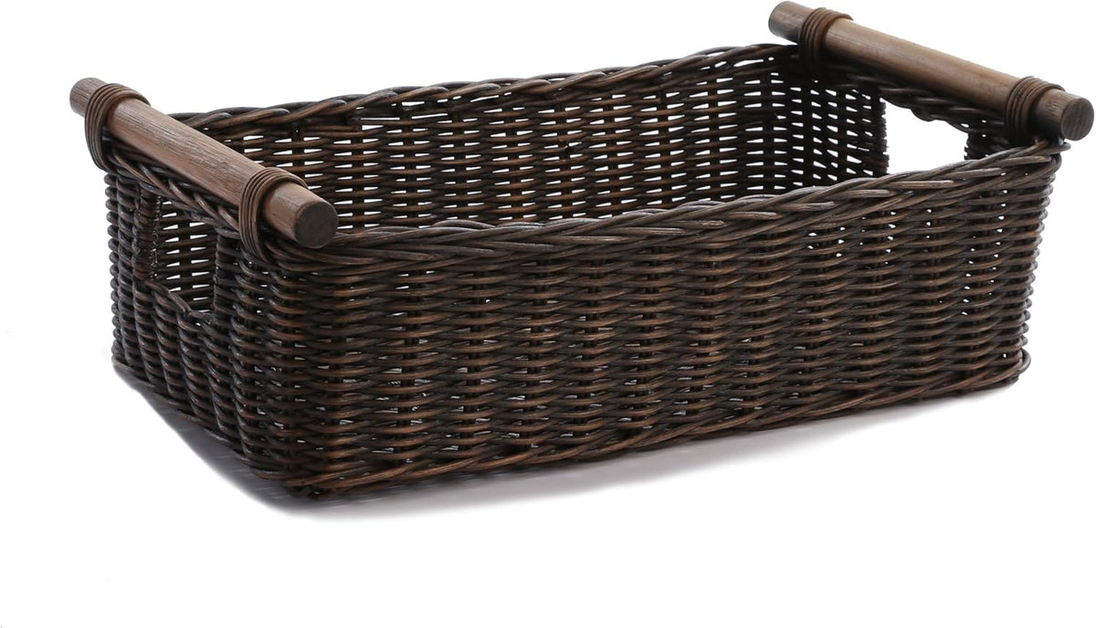 The Basket Lady Low Pole Handle Wicker Storage Basket, Small, 15 in L x 9 in W x 5 in H, Antique