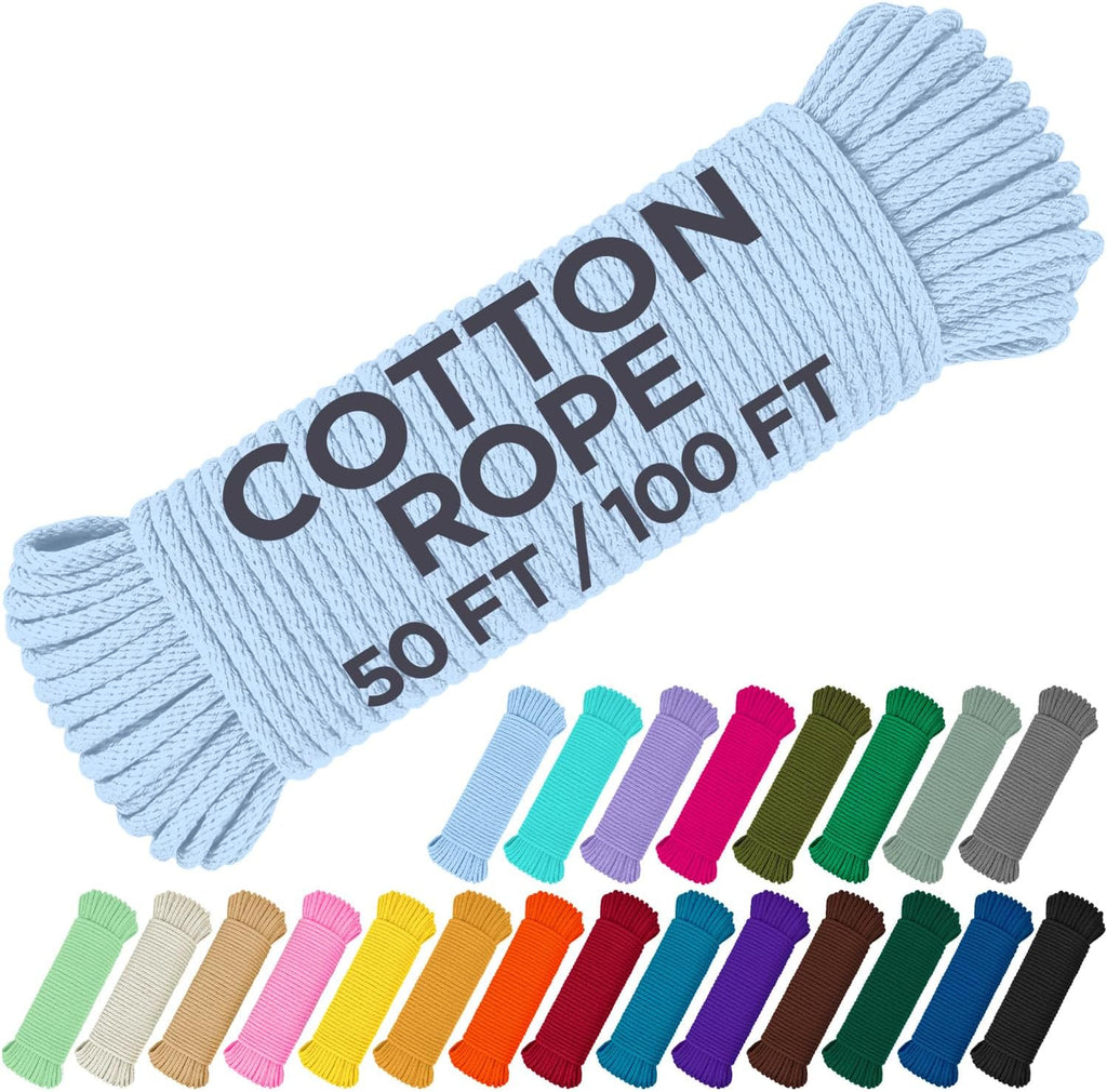 TECEUM Cotton Rope 3/16” (5 mm) – 50 FT – Strong All-Purpose Braided Rope – Natural Cotton – for