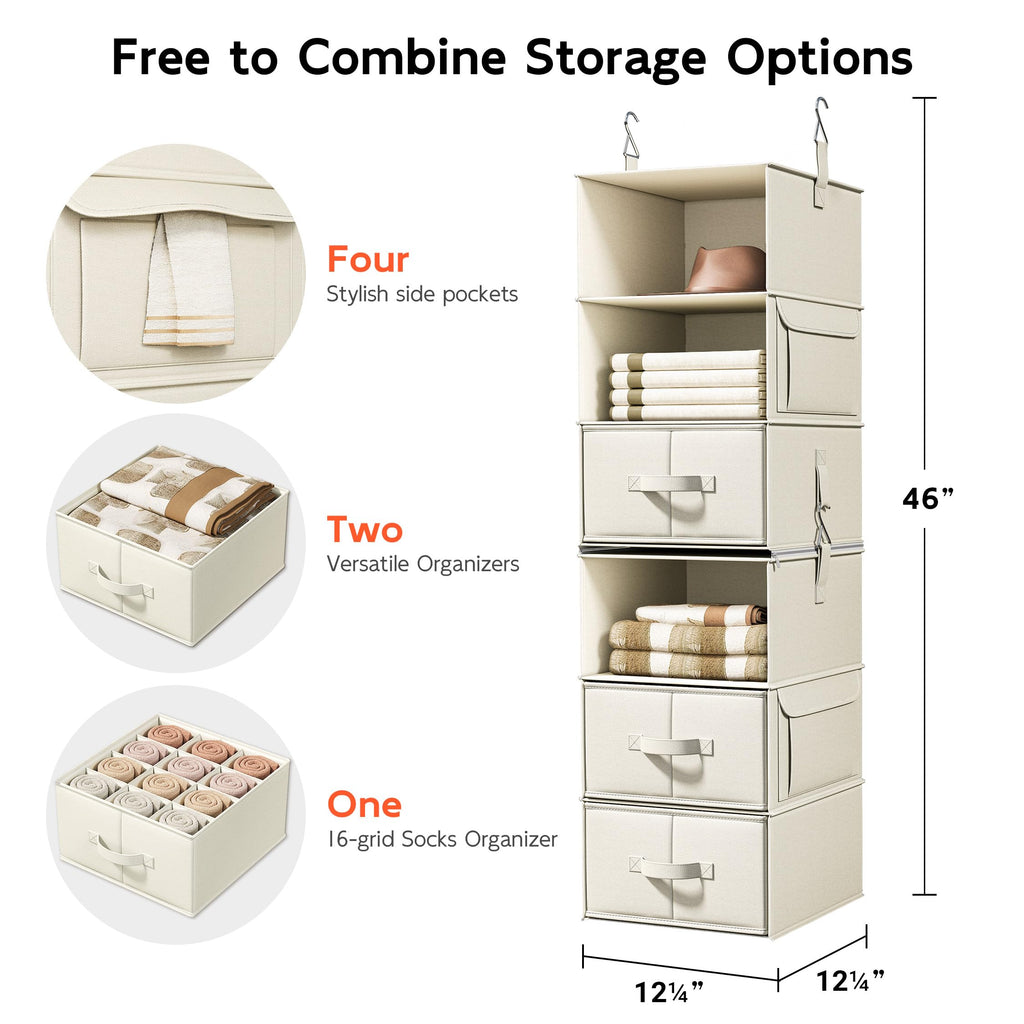 6-Shelf Hanging Closet Organizer with 3 Drawers, 2-in-1 Design, Beige