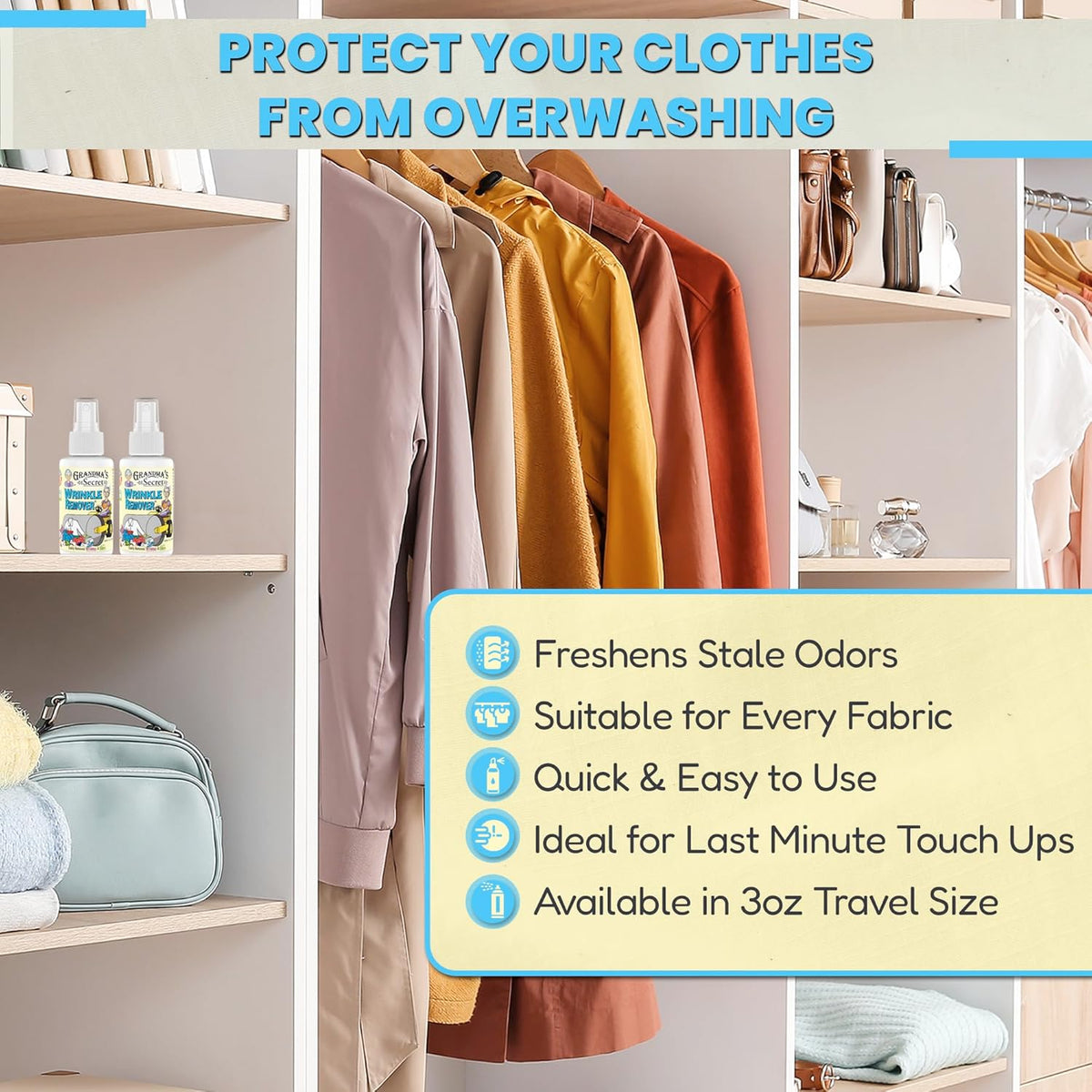 Grandma's Secret Wrinkle Remover - Wrinkle Release Spray, Odor Eliminator, and Fabric Refresher