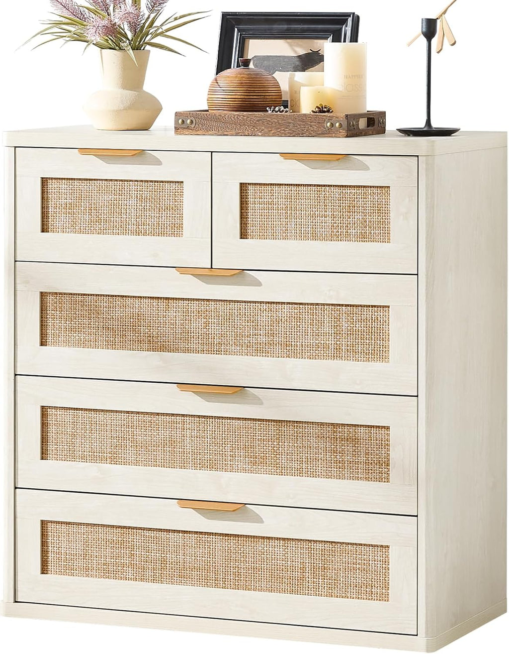 LEYAOYAO White Dresser for Bedroom, 33.5" Tall Chest of Drawers, Modern 5 Drawers Boho Rattan