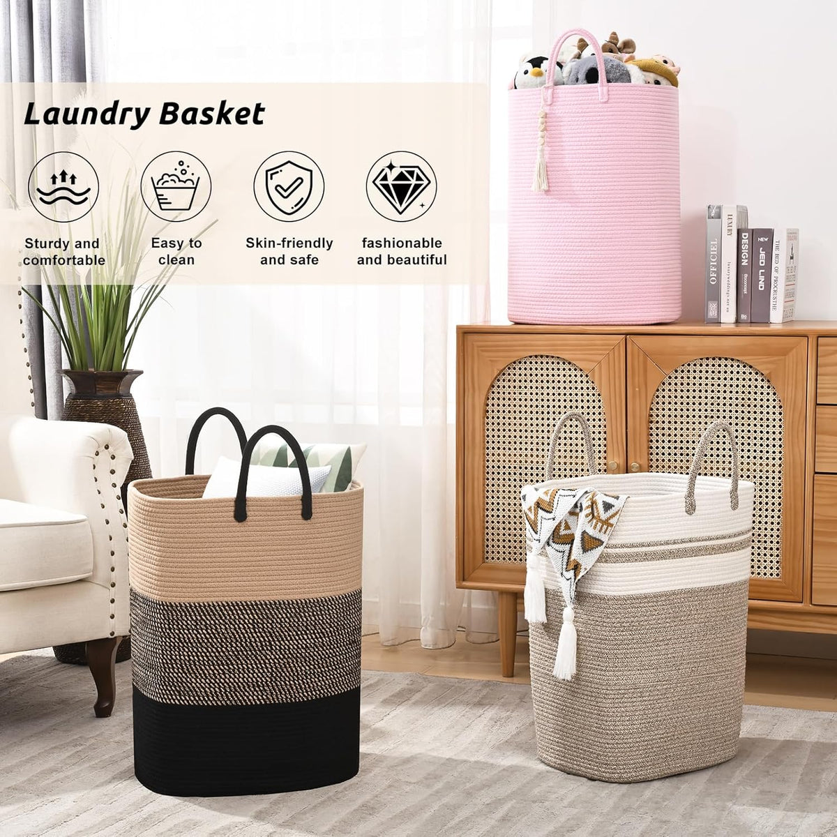 Woven Laundry Basket for Clothes, 80 L Large Rectangle Laundry Hampers with Beads Tassel, Nursery