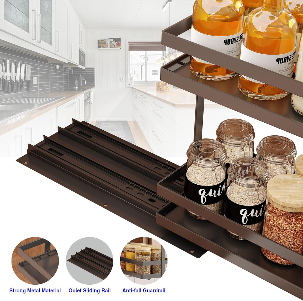 Pull Out Spice Rack Organizer for Cabinet, 2 Tier Metal Slide Out Seasoning Organizer and Storage