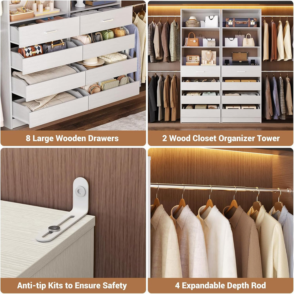 Aheaplus Closet System, 6-15Ft Closet Organizer with 8 Wooden Drawers, Wood Closet Organizer System