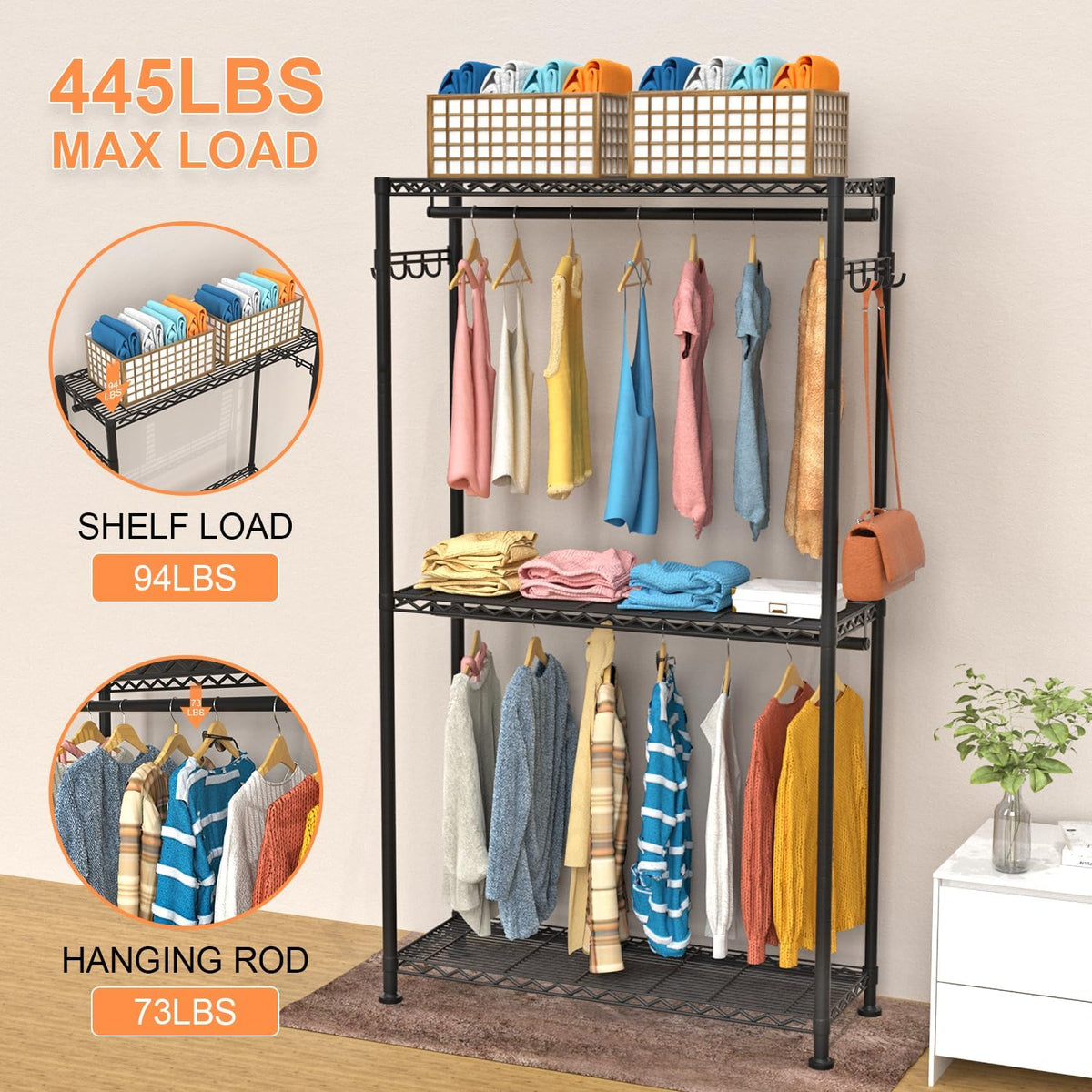 Clothes Rack, Clothing Racks for Hanging Clothes, 3 Tiers Adjustable Garment Rack with Wheels |
