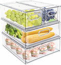 MineSign 4 pack Stackable Refrigerator Organizer Bins Pull-Out Drawers for Fruit and Veggies