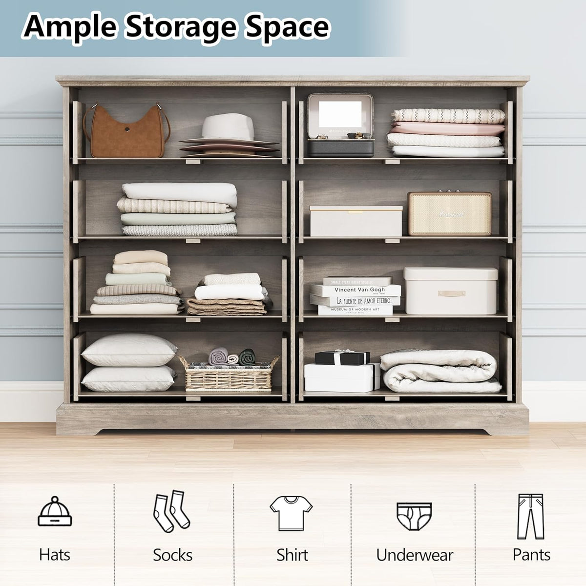 8 Drawer Dresser for Bedroom, 47" Wide Wooden Chest of Drawers, Rustic Farmhouse Dresser with Large