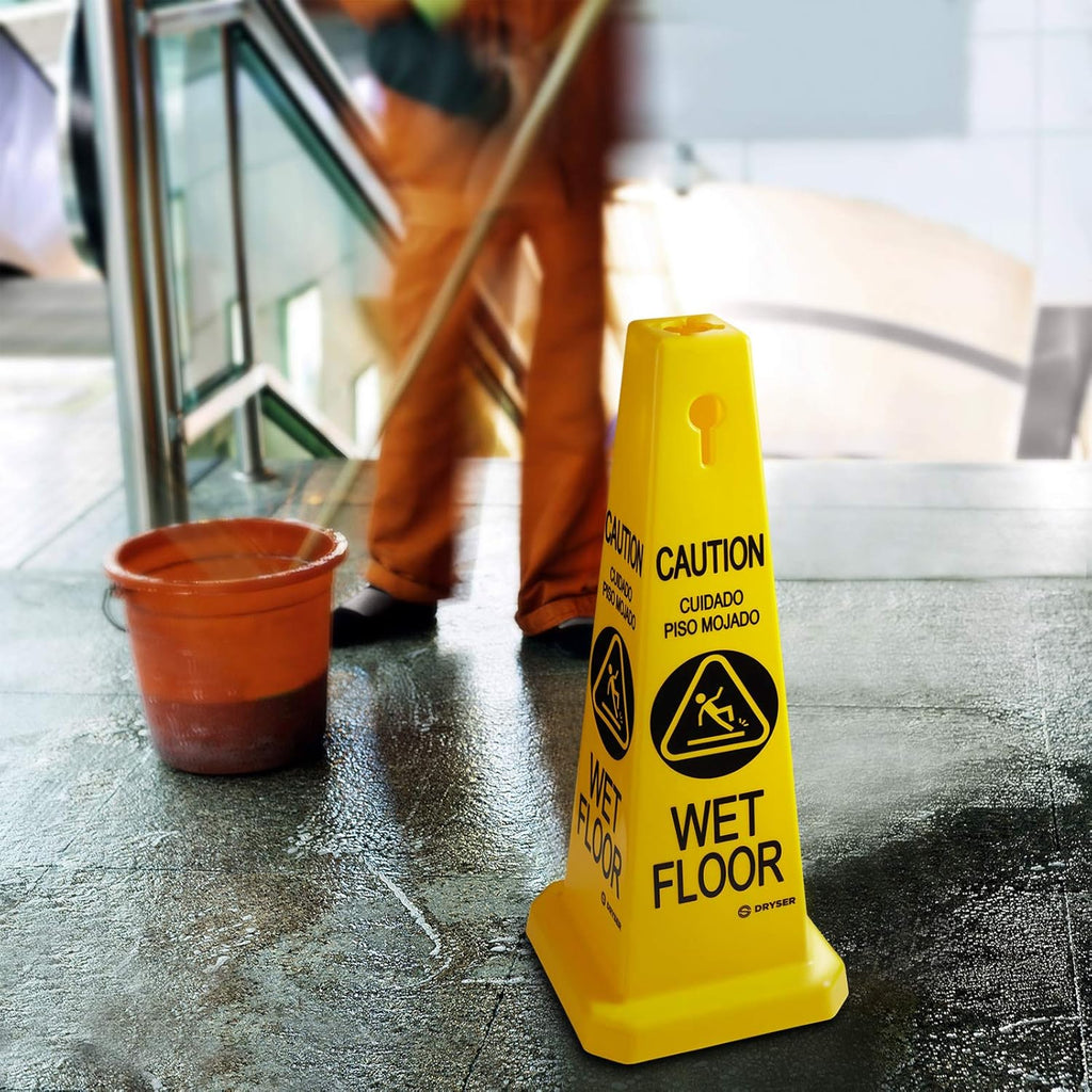Dryser 3-Pack 26" Caution Wet Floor Cones - Yellow English/Spanish Warnings