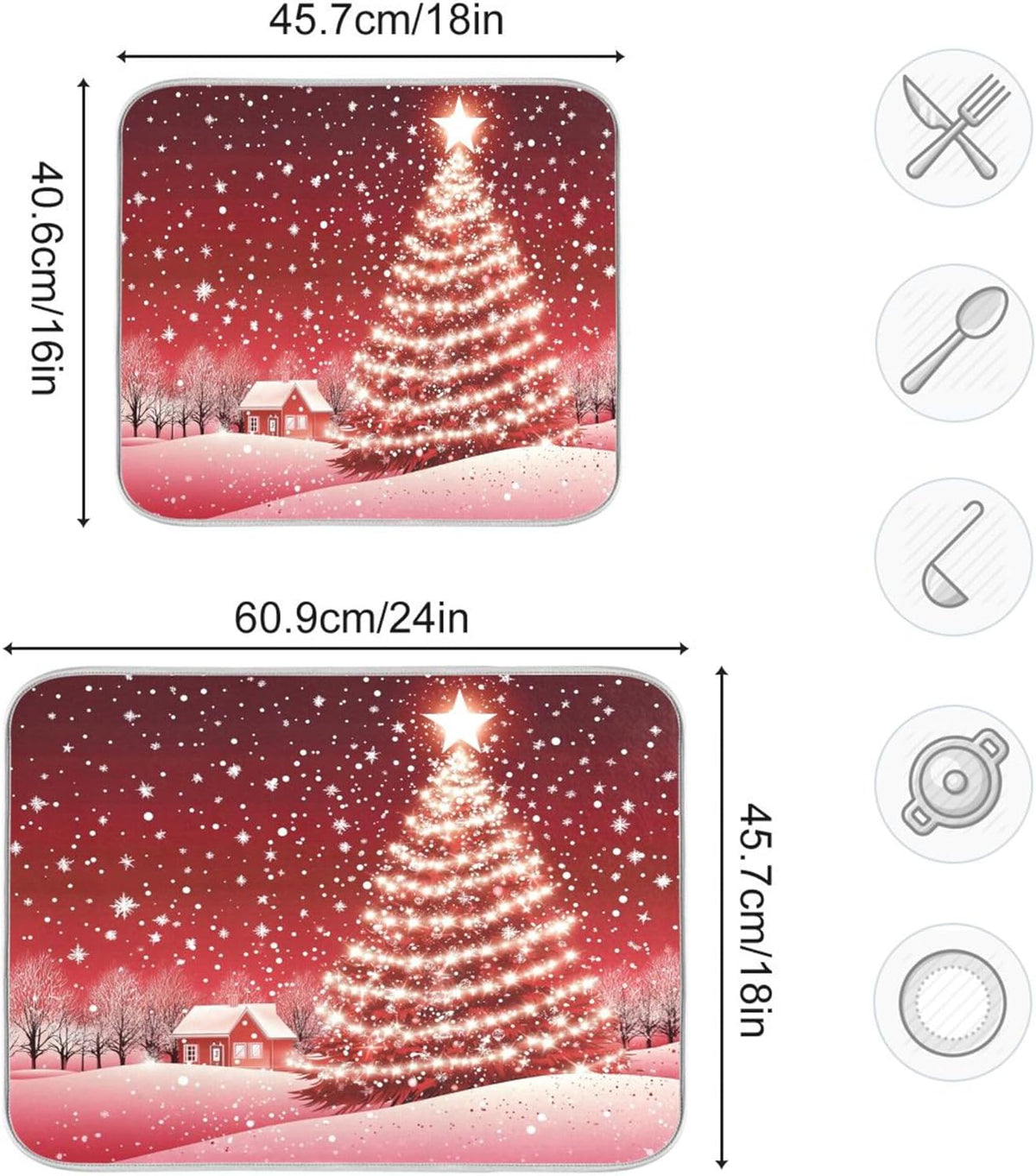 Christmas Tree Red Dish Drying Mat for Kitchen Countertop 16x18 Winter Snow Cabin Xmas Small Drying