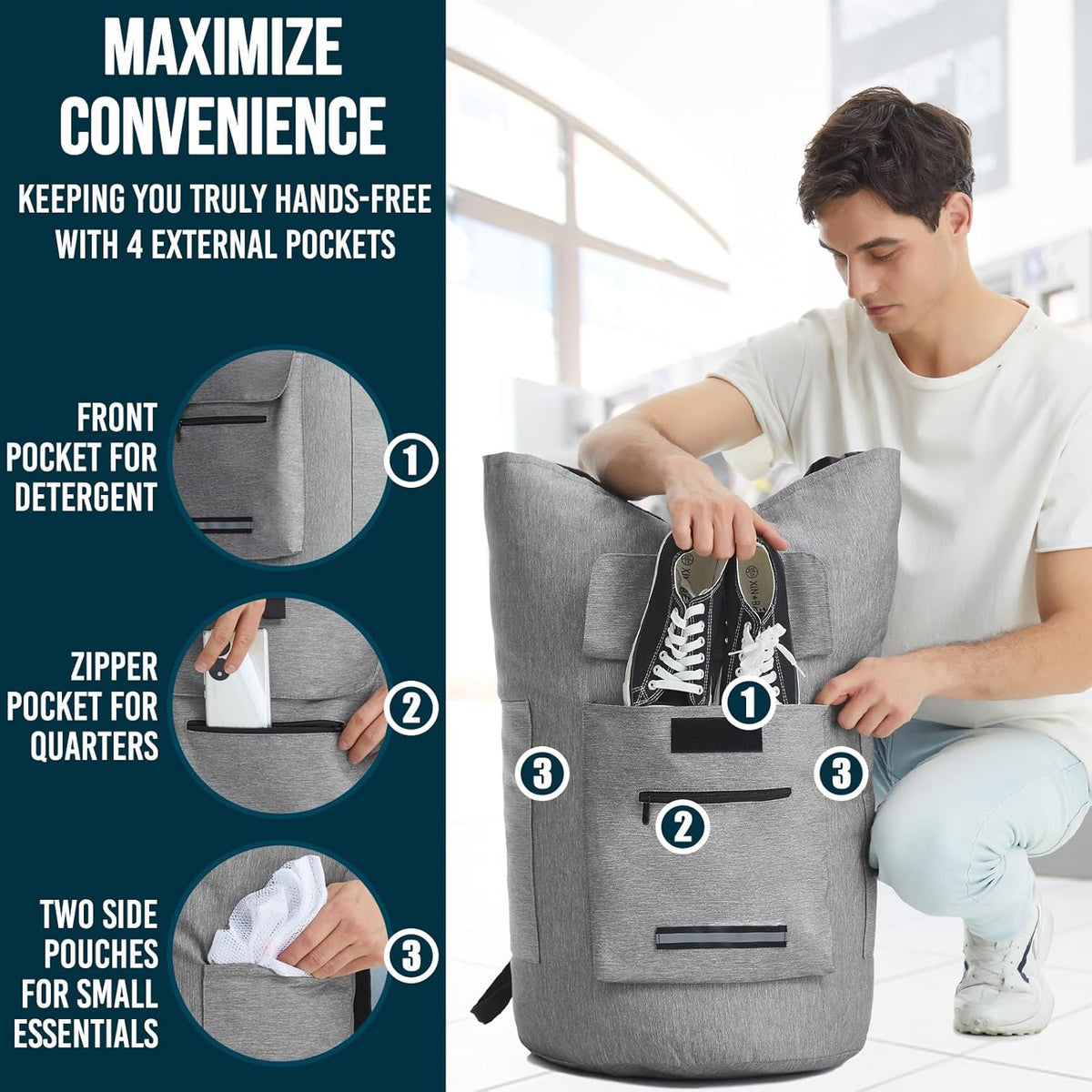 Laundry Bag With 4 Pockets，Laundry Bag With Shoulder Straps，Sturdy Laundry Backpack Heavy