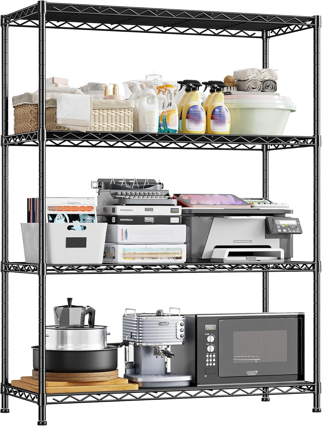 4- Shelf Metal Shelving Unit Adjustable Storage Shelves Heavy Duty Garage Shelving Steel Wire
