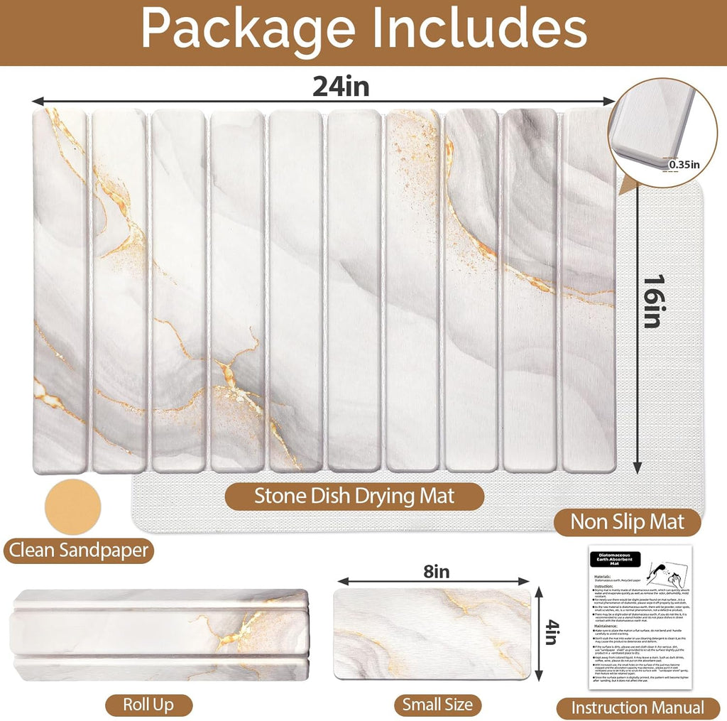 2 PCS Large Stone Dish Drying Mat for Kitchen Counter,Quick Dry Stone Dishes Mats,Marbled Water